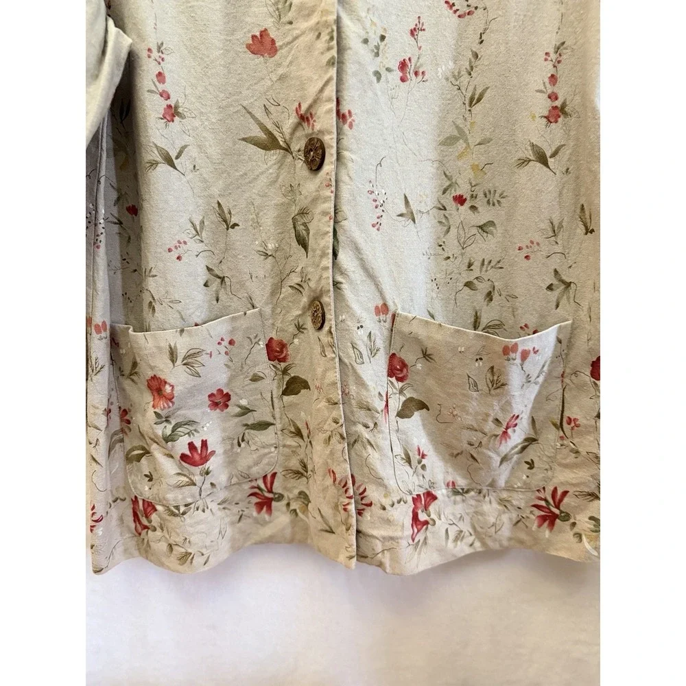 Vintage Leslie Fay Linen Blend Chore Coat Floral Tan Cottage Fairy L/XL - Picture 7 of 9
